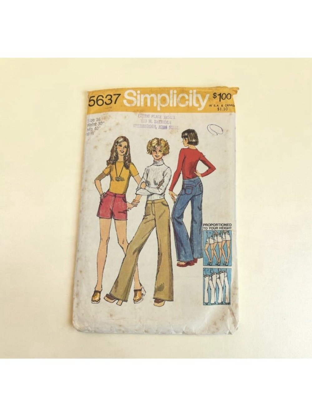 Vintage 1970s SIMPLICITY 5637 Jeans/Jean Shorts Sz 16 Sewing Pattern Misses